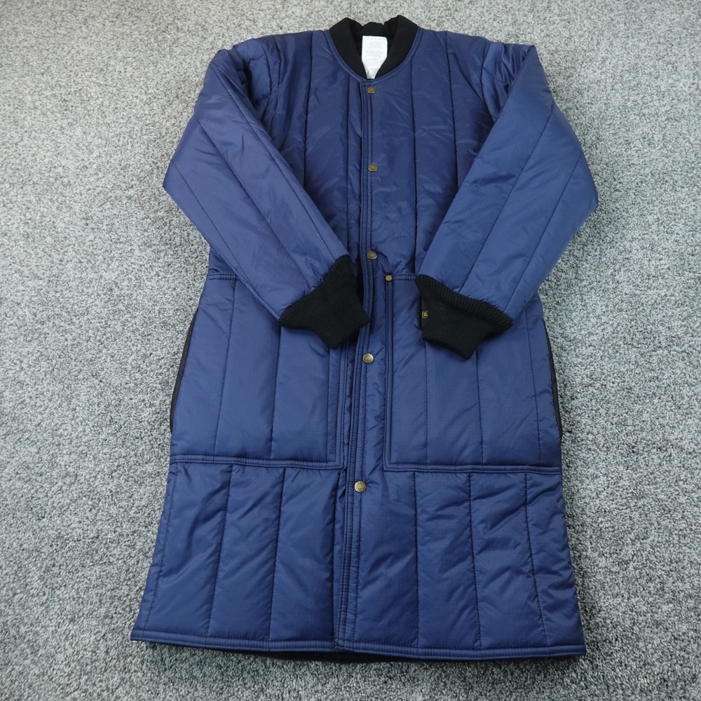 RefrigiWear Jacket Mens S Blue Quilted Snap Button Insulated Long Trench Coat